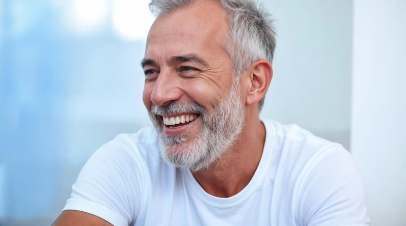 Strahlend schöne Zähne eines geplegten Mannes nach Veneers Behandlung